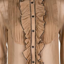 Pre Owned D&G Brown Contrast Trim Ruffle and Pintuck Yoke Detail Long Sleeve Shirt S