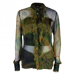 D&G Multicolor Printed Sheer Silk Chiffon Ruffle Front Shirt M