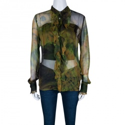 D&G Multicolor Printed Sheer Silk Chiffon Ruffle Front Shirt M