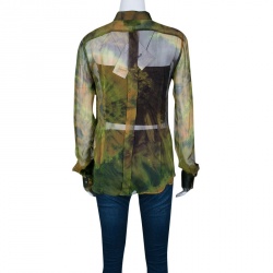 D&G Multicolor Printed Sheer Silk Chiffon Ruffle Front Shirt M