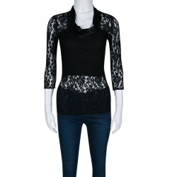 Pre Owned D&G Black Floral Embroidered Lace Satin Trim Long Sleeve Top S