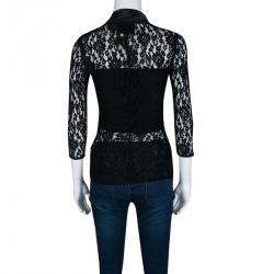 Pre Owned D&G Black Floral Embroidered Lace Satin Trim Long Sleeve Top S