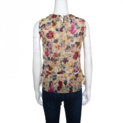 Pre Owned D&G Beige Floral Printed Silk Chiffon Ruffle Trim Sleeveless Top S