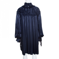 Pre Owned D&G Navy Blue Satin Contrast Tie Detail Gathered Ruffled Trim Long Sleeve Dress S
