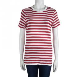 Pre Owned D&G Red and White Striped Knit Bead Detail T-Shirt L