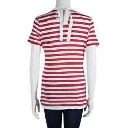 Pre Owned D&G Red and White Striped Knit Bead Detail T-Shirt L