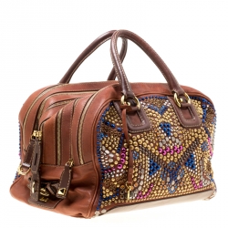 Pre Owned Dolce and Gabbana Brown Leather Embellished Lily Satchel
