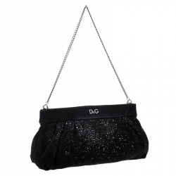 Pre Owned D&G Black Crystal Embellished Suede Chain Clutch