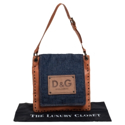 Pre Owned D&G Brown/Blue Denim and Leather Studded Flap Slim Shoulder Bag