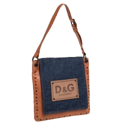 Pre Owned D&G Brown/Blue Denim and Leather Studded Flap Slim Shoulder Bag