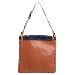 Pre Owned D&G Brown/Blue Denim and Leather Studded Flap Slim Shoulder Bag
