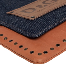 Pre Owned D&G Brown/Blue Denim and Leather Studded Flap Slim Shoulder Bag