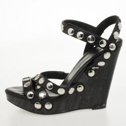 Pre Owned D&G Black Leather Studded Wedges Size 38.5