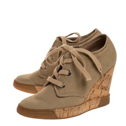 Pre Owned D&G Beige Canvas Wedge Lace Up Sneakers Size 38