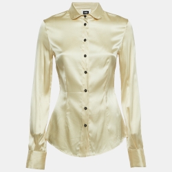 Cream Satin Silk Button Front Full Sleeve Shirt