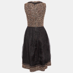 D&G Black and Brown Tweed Silk Overlay Flared Midi Dress M