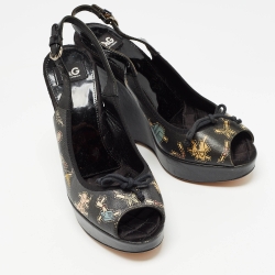 Dolce & Gabbana Black Leather Peep Toe Wedge Slingback Sandals Size 37