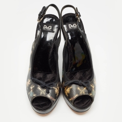 Dolce & Gabbana Black Leather Peep Toe Wedge Slingback Sandals Size 37