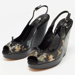 Dolce & Gabbana Black Leather Peep Toe Wedge Slingback Sandals Size 37