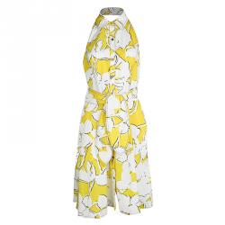 Pre Owned Diane Von Furstenberg Yellow and White Eden Garden Tenner Floral Print Halter Dress S