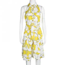 Pre Owned Diane Von Furstenberg Yellow and White Eden Garden Tenner Floral Print Halter Dress S