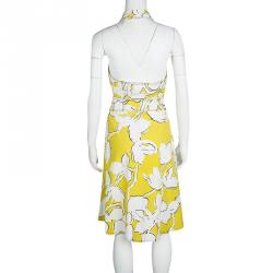 Pre Owned Diane Von Furstenberg Yellow and White Eden Garden Tenner Floral Print Halter Dress S