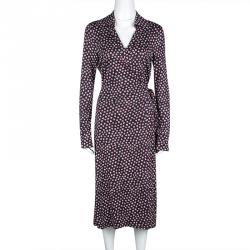 Pre Owned Diane Von Furstenberg Navy Blue Pirouette Dot Print Silk Jersey Cybil Wrap Dress L