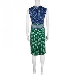Pre Owned Diane Von Furstenberg Green and Blue Dot Printed Silk Jersey Evita Shift Dress M
