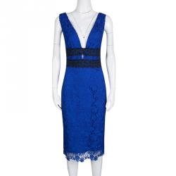 Pre Owned Diane Von Furstenberg Deep Night Blue Lace Plunge Neck Long Sleeve Viera Dress M