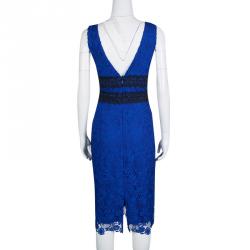 Pre Owned Diane Von Furstenberg Deep Night Blue Lace Plunge Neck Long Sleeve Viera Dress M