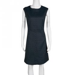 Pre Owned Diane Von Furstenberg Black and Blue Geometric Pattern Jacquard Sleeveless Madyson Dress L
