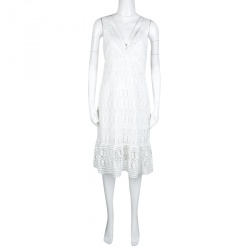 Pre Owned Diane Von Furstenberg White Guipure Lace Sleeveless Tiana Flounce Dress L