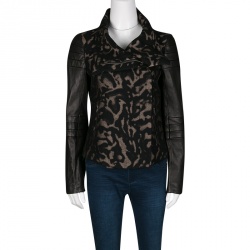 Pre Owned Diane Von Furstenberg Black Animal Patterned Leather Sleeve Detail Marvela Jacket M