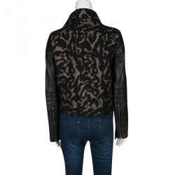 Pre Owned Diane Von Furstenberg Black Animal Patterned Leather Sleeve Detail Marvela Jacket M
