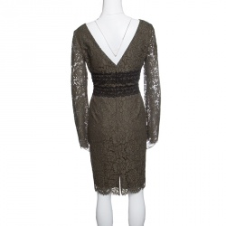 Pre Owned Diane Von Furstenberg Olive Green Lace Plunge Neck Long Sleeve Viera Dress M