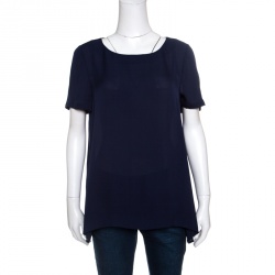 Pre Owned Diane Von Furstenberg Navy Blue Silk Short Sleeve Maggy Top M