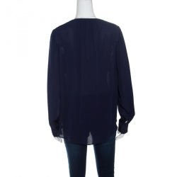 Pre Owned Diane Von Furstenberg Navy Blue Silk Long Sleeve High Low Arden Top M