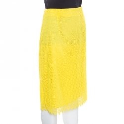Pre Owned Diane Von Furstenberg Yellow Lace Pencil Skirt M