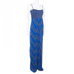Pre Owned Diane Von Furstenberg Blue Chevron Dots Printed Silk Sleeveless Ivena Jumpsuit L