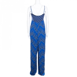 Pre Owned Diane Von Furstenberg Blue Chevron Dots Printed Silk Sleeveless Ivena Jumpsuit L