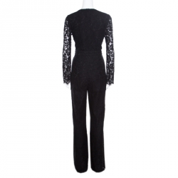 Diane Von Furstenberg Black Lace Plunge Neck Detail Kyara Tux Jumpsuit M