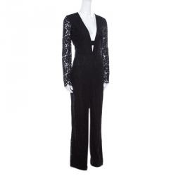 Diane Von Furstenberg Black Lace Plunge Neck Detail Kyara Tux Jumpsuit M