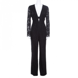 Diane Von Furstenberg Black Lace Plunge Neck Detail Kyara Tux Jumpsuit M