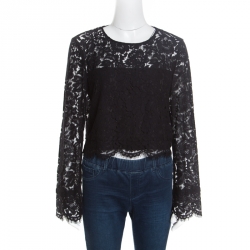 Pre Owned Diane von Furstenberg Black Scalloped Lace Yeva Crop Top L