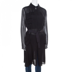 Pre Owned Diane Von Furstenberg Black Silk Georgette Utilitarian Blaine Belted Coat L