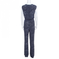 Pre Owned Diane Von Furstenberg Navy Blue and White Dotted Silk Belted Eva Jumpsuit XL