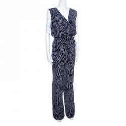Pre Owned Diane Von Furstenberg Navy Blue and White Dotted Silk Belted Eva Jumpsuit XL