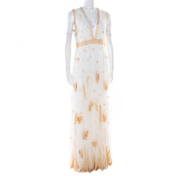 Pre Owned Diane Von Furstenberg Ivory and Gold Embroidered Tulle Plunge Neck Vivanette Goddess Gown M
