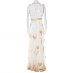 Pre Owned Diane Von Furstenberg Ivory and Gold Embroidered Tulle Plunge Neck Vivanette Goddess Gown M