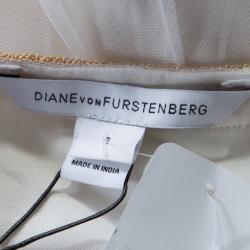 Pre Owned Diane Von Furstenberg Ivory and Gold Embroidered Tulle Plunge Neck Vivanette Goddess Gown M